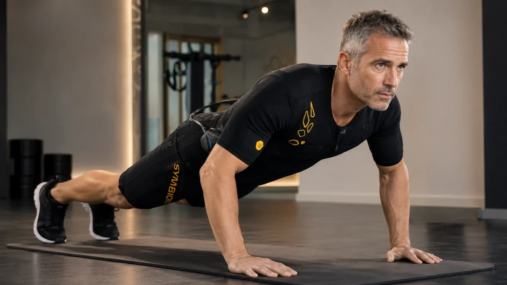 Mann im SYMBIONT EMS Anzug trainiert im Plank
